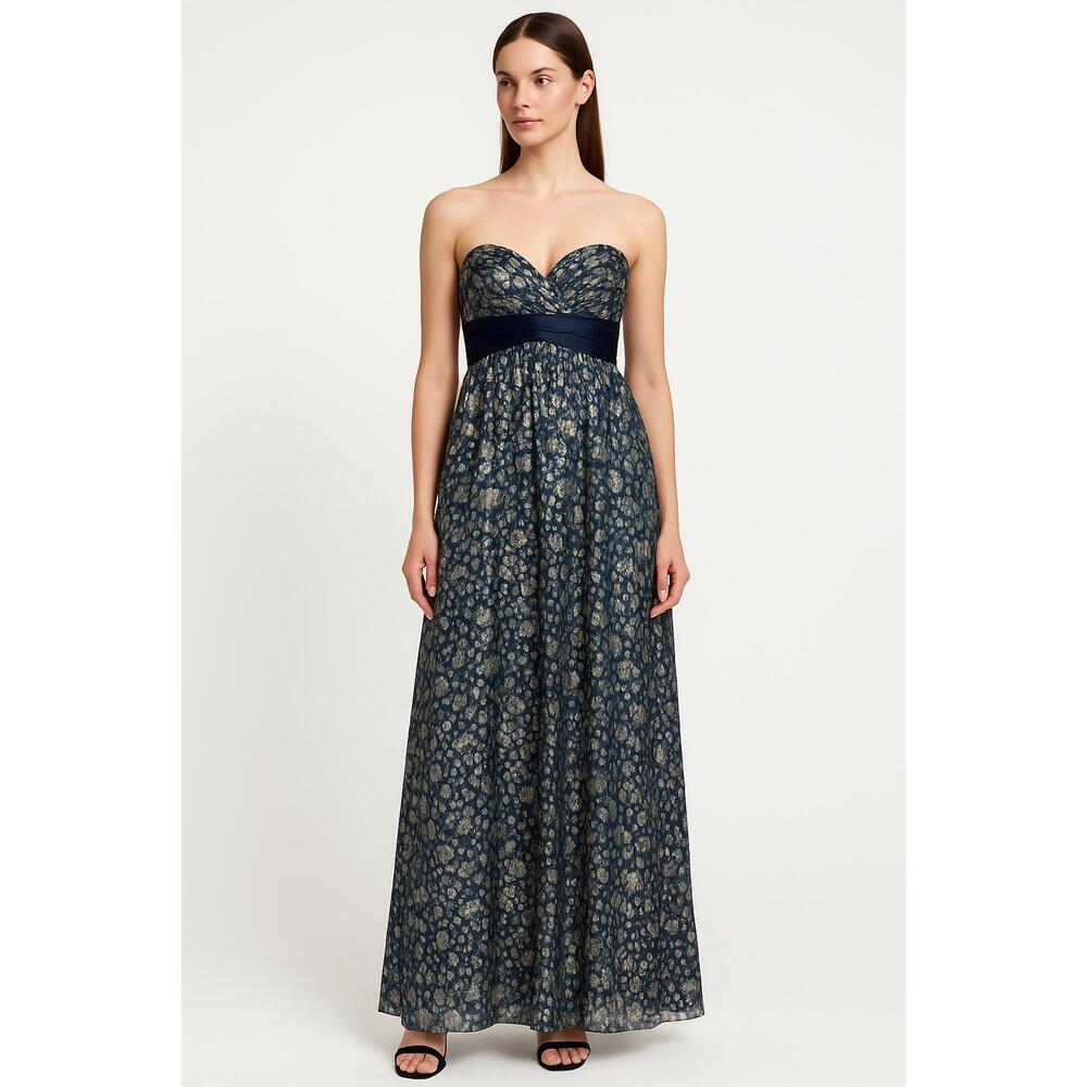 BCBGMAXAZRIA Gown Size 4 Metallic Silk Blend Strapless Sweetheart Navy Blue Gold